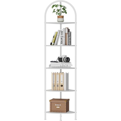 Homhedy 5-Tier Arched Corner Shelf Stand, Wall Corner Bookshelf with Metal Frame, Plant Stand, Industrial Storage Rack Shelf for Living Room, Bedroom, Office, Bathroom, White