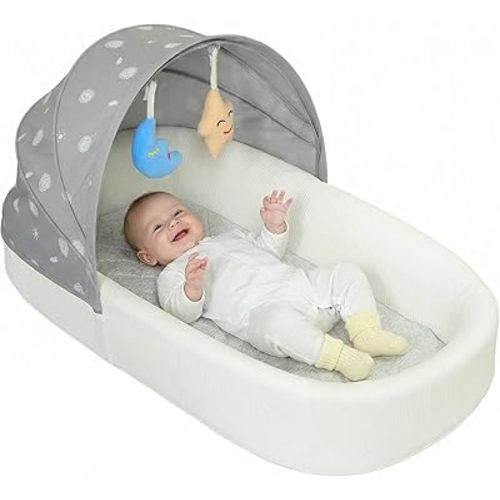 Portable Newborn Nest Lounger with Canopy & Mosquito Net-Lightweight Foldable Newborn Play Support & pad and Washable Cover, Indoor-Outdoor Use (Grey)