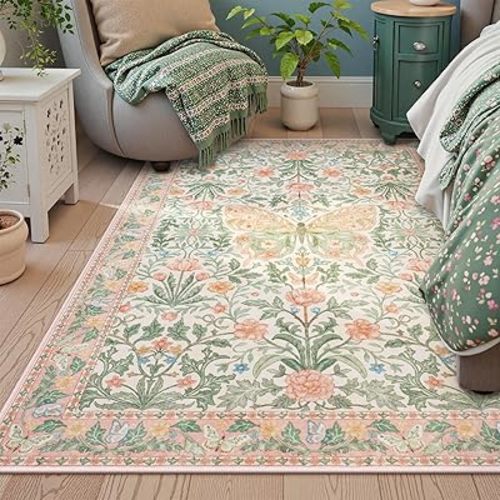 Collive 5x7 Washable Area Rug, Floral Butterfly Rug Soft Bedroom Carpet Non-Slip Living Room Rugs Stain Resistant Ultra-Thin Girls Rugs for Dining Room Enrtyway Nursery (5x7ft,Pink)