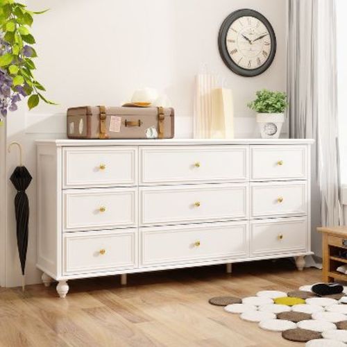 Fufu&gaga White Wood Dresser Bedroom Storage Drawer Organizer Closet 9 Drawer White