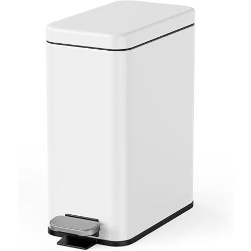 Cesun Bathroom Trash Can with Lid, 2.6 Gallon Small Bathroom Garbage Can Soft Close, Stainless Steel Waste Basket with Step Pedal for Bedroom, Laundry Room, Living Room, Home Office, Toilet, RV, White