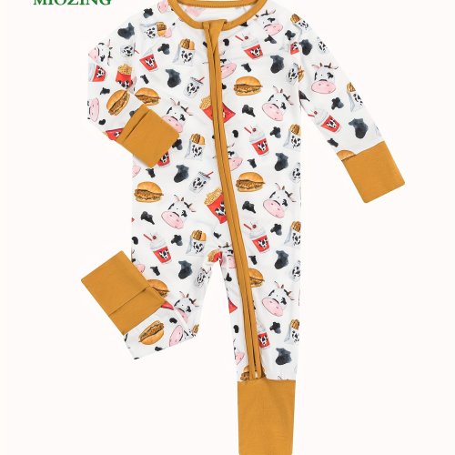 MIOZING Baby's Cartoon Cow Hamburger Pattern Bamboo Fiber Long Sleeve Romper, Toddler & Infant Girl's Bodysuit