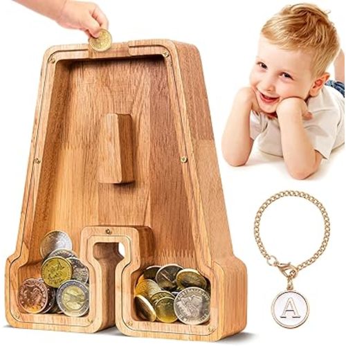 SummiDate Wooden Letter Piggy Bank for Kids| Piggy Bank for Boys Girls Toddler| Alphabet A Money Bank| Personalized Initial Wood Coin Bank Gifts for Birthday, Christmas, Festival, Baby Shower (A)