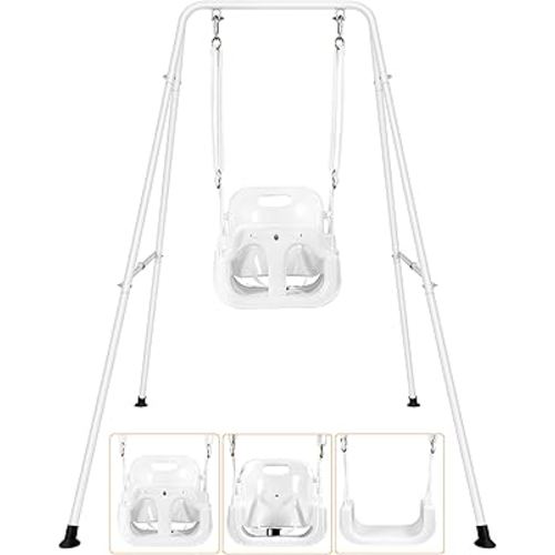 3-in-1 Baby Toddler Swing with 4 Sandbags, Toddler Swing for Outdoor/Indoor Backyard Play, Kids Swing Set with a Foldable Metal Stand, Easy to Assemble & Store (White)