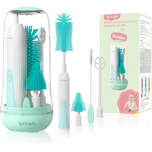 TpChapNi Electric Travel Baby Bottle Brush Set, Electric Bottle Brush Cleaner, Silicone Bottle, Nipple and Straw Brush, Stirring Disperser, Drainage Rack, Storage Box (Green)
