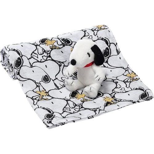 Lambs & Ivy Snoopy Muslin Swaddle Blanket & Mini Plush Newborn Baby Gift Set