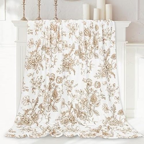 Floral Fuzzy Blanket Tan Flower Throw Blanket Vintage Chinoiserie Soft Cozy Flannel Blanket for Home Bed Sofa Couch Chair, 50 x 60 Inch