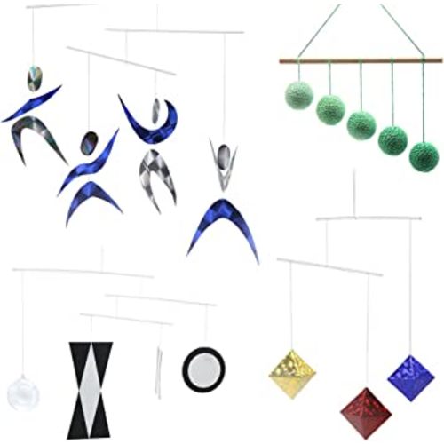 Four Classic Montessori Visual Mobiles, Munari (with Plastic Ball), Octahedron, Gobbi, Dancers, Optional Gobbi Colors, Blue, Green, Pink (4 Mobiles with Green Gobbi)