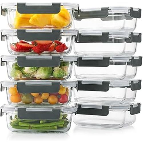 10 Pack 22 Oz Glass Meal Prep Containers with Lids, Reusable Glass Food Storage Containers with Lids, Leak Proof, Microwave, Oven, Freezer and Dishwasher Safe (Gray)