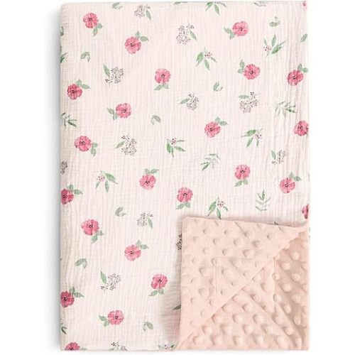 david's kids Muslin Minky Baby Blanket for Girls with Muslin Cotton Front and Dotted Fleece Backing, Breathable and Soft Lightweight Receiving Blanket for Newborns, 30x40 Inches, Pink Floral