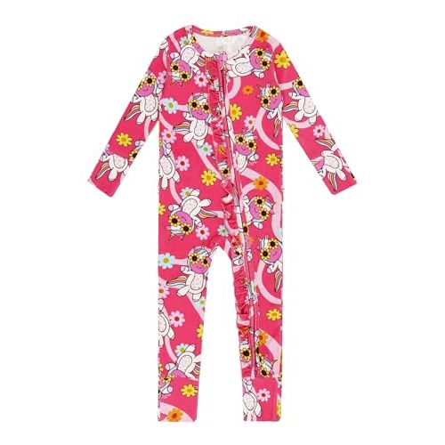 EASWEET Bamboo Viscose Baby Girl Footless Pajamas Ruffled Baby Sleepers with 2 Way Zipper