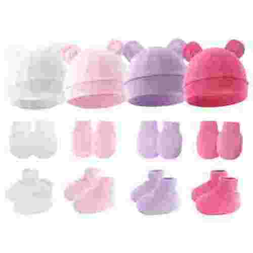 Happy Cherry Baby Girl Hospital Cap Newborn Cotton Hat Mittens Infant Bear Ears Baby Boy Beanie Caps Preemie No Scratch Mittens Preemie Hat Sock Set 4 Pack for 0-6 Months(Pink White Purple Red)