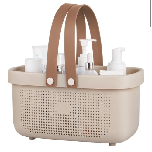 JiatuA Plastic Storage Basket with Handle Portable Shower Caddy Tote Organizer Basket Bin for Bathroom Kitchen Dorm Room Bedroom, Beige
