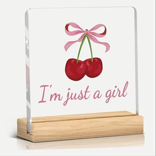 Cherry Decor Pink Cherry Bow Preppy Room Bathroom Home Office Kitchen Desk Decor Cherry Themed Party Birthday Decorations Gifts for Women Acrylic Sign