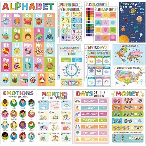 16 Educational Posters for Toddlers, Laminated Classroom Learning Posters, Kindergarten Classroom Must Haves, Preschool Homeschool Supplier Materials Alphabet Number Chart Classroom Wall Decor