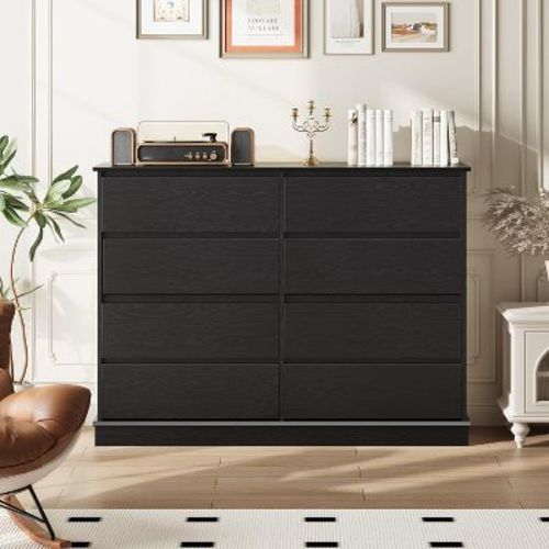 8 Drawer Dressers for Bedroom, Chest of Drawers with Deep Drawers, Large Double Dresser for Closet with Wide Top, Horizontal Wooden Dresser, Black
