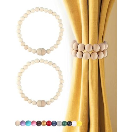 Magnetic Curtain Tiebacks Boho Beaded: Strong Magnets, Boho Decor Wood Bead Curtain Tiebacks, Farmhouse Decor Curtain Tie Backs for Curtain Holdbacks, Baby Nursery Decor, Natural, 2 Pack