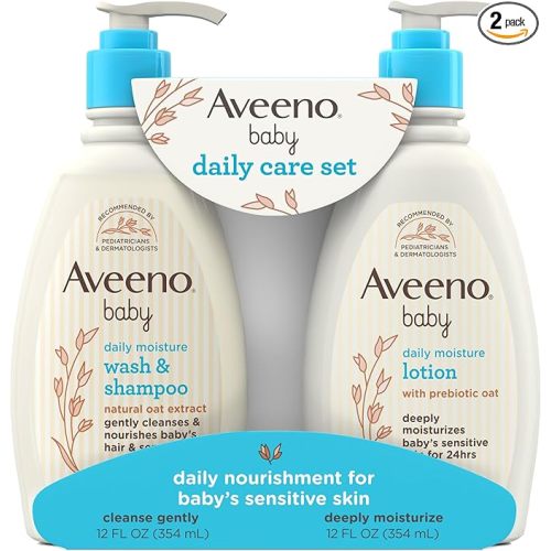Aveeno Baby Daily Care Gift Set with Oat Extract & Prebiotic Oat, Contains Daily Moisturizing Body Lotion & Gentle 2-in-1 Baby Bath Wash & Shampoo, Hypoallergenic & Paraben-Free, Two Pack