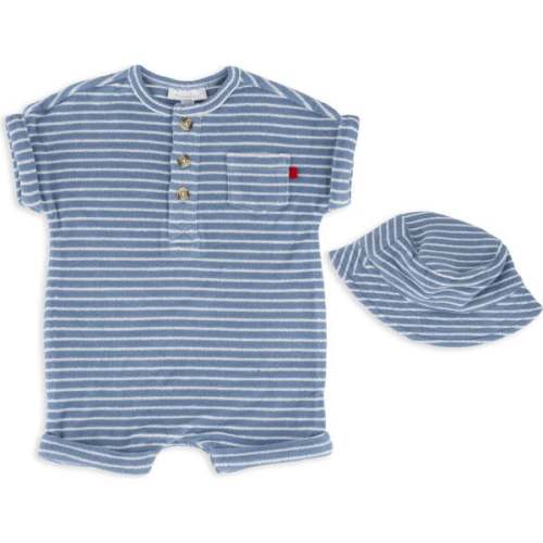 Stripe Terry Romper & Hat Set, Blue - Miniclasix | Maisonette