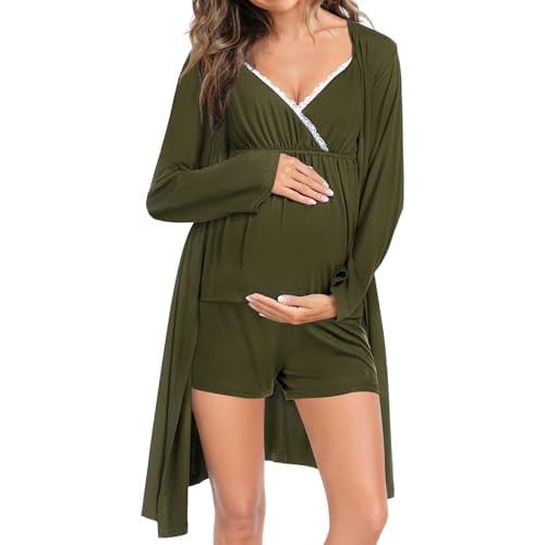 SWOMOG Womens Maternity Robe Set 3 Piece Nursing Pajamas for Breastfeeding 3 in 1 Labor Delivery Hospital Pregnancy Pjs