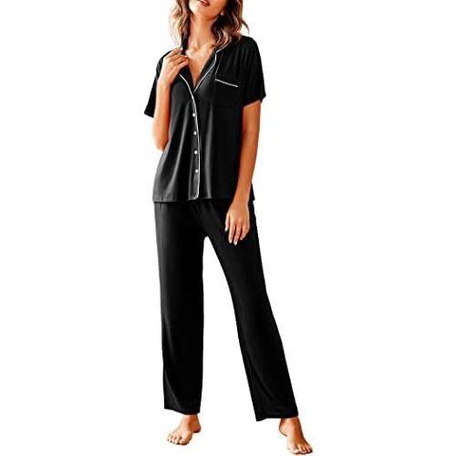 Avidlove Women Pajamas Set Notch Collar Soft Sleepwear Pjs Short Sleeve Button Down Nightwear with Long Pants