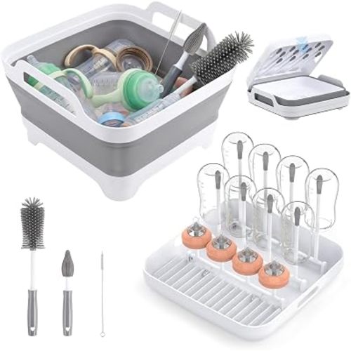 Collapsible Baby Bottle Wash Basin w/Drying Rack & Drain Plug, Gray