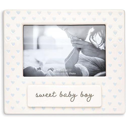 DEMDACO Sweet Baby Boy Blue Holds 4 x 6 Inch Photo Ceramic Wall or Tabletop Frame