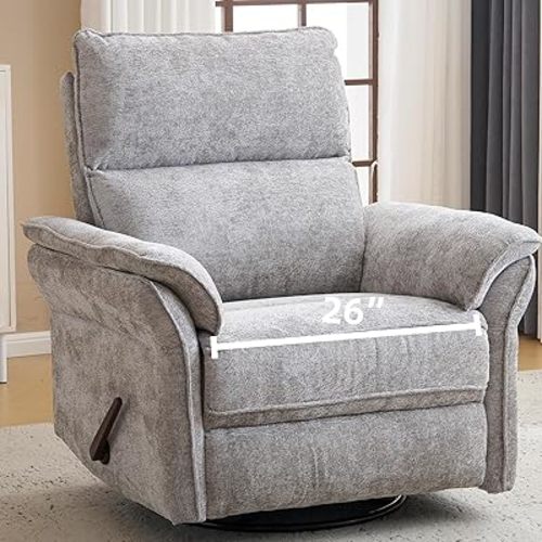 Oversized Recliner Chair, 26" Extra Wide 360° Swivel Rocker Recliner with Adjustable Headrest, Chenille Glider Rocking Nursery Chair with Overstuffed Armrest, Lumbar Support, Light Grey