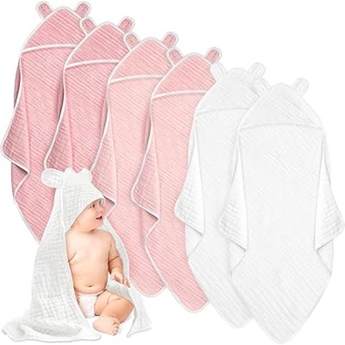 Preboun Muslin Baby Bath Towel with Hood 6 Layers Cute Hooded Baby Towels Cotton Absorbent Baby Hooded Towel for Newborn Kids Girl Infant Boys Toddler Shower Gift Supplies(White,Pink,Light Pink)