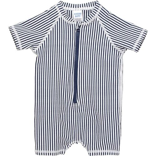 RUGGEDBUTTS Baby/Toddler Boy Swimsuit, One Piece Zipper Rash Guard Sunsuit with UPF 50+ Sun Protection - 0-3 Months - Navy Seersucker