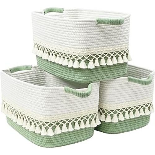3 Pack Storage Basket for Shelves, Boho Cotton Rope Storage Bins with Heavy Tassel, Shelf Baskets Large Woven Baskets for Organizing, Cube Organizer Bins, Baby Laundry Basket for Clothes, Toys, Pets
