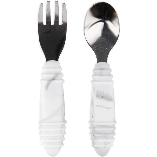 Bumkins Toddler Utensils, Kids Size Fork and Spoon Set, Silicone and Stainless-Steel Training Silverware, Angled Forks / Sporks for Self-Feeding, Children Hold Learning to Eat, 18 Months Up, Marble