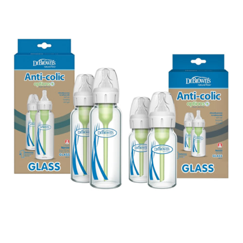 Dr. Brown's Natural Flow Anti-Colic Options+ Narrow Glass Baby Bottles, Made in The USA, BPA Free, 8oz and 4oz, 0m+, 4-Pack