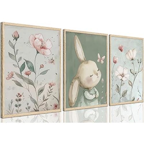 PPJ 3Pcs Nursery Bunny Wall Art Cute Rabbit Botanical Flowers Wall Decor Green Nursery Pictures Posters Girl Bedroom Canvas Prints for Girls Room Baby Room Paintings Unframed