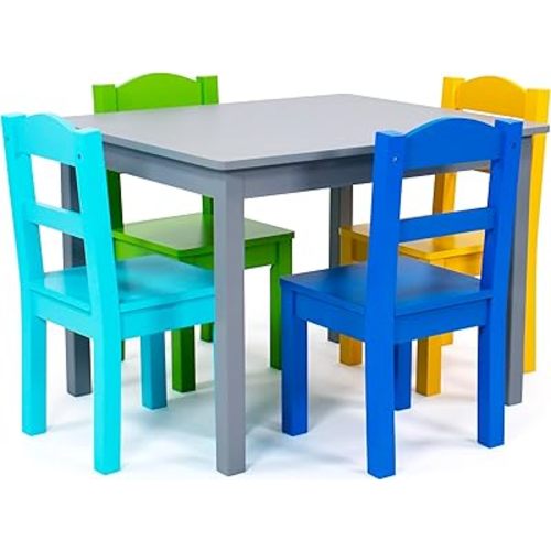 Humble Crew Kids Wooden Table and 4 Chairs Set, Grey/Blue/Green/Yellow - Kids Table and Chair Set for Toddlers and Children for Arts, Crafts, and Snack Time - Sturdy, Durable Toddler Activity Table