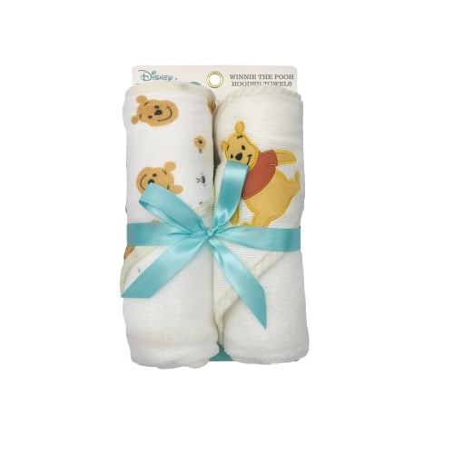 Disney Cudlie Baby Winnie The Pooh 2 Pack Rolled/Carded Hooded Towels in Sweet Life Print
