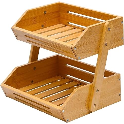 Fruit Basket, 2 Tier Bamboo Fruit Basket for Kitchen, 11" Tall Fruit Stand Storage Holder, Heavy Duty/Large Capacity for Vegetables, Fruit, and Snack, 15 mm Thickness (Self-assembly)