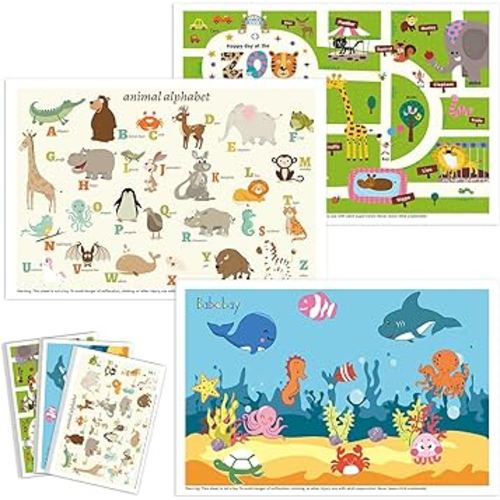 Babebay Disposable Placemats for Baby, 60 Pack Sticky Toddler Placemat for Restaurants, Dining Table, Party, Travel, 12" x 18" with 3 Designs