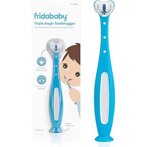 Frida Baby Triple-Angle Toothhugger Training Toddler Toothbrush | Toddler Toothbrush 2 Years and Up, Cleans All Sides at Once | Blue