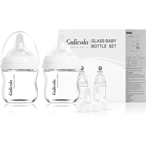 Small Glass Baby Bottle for Newborn Breastfeeding Babies, Preemie & Extra Slow Flow Nipples (SS), Anti-Colic, Breast-Like, 0 Months+, 3 oz, 2 Pack - White