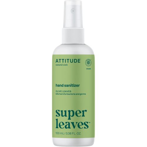 ATTITUDE Hand Sanitizer Spray for Adults and Kids, EWG Verified, Kills Bacteria and Germs, Vegan, Olive Leaves, 3.38 Fl Oz (Spray Bottle)
