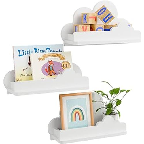Cloud Shelves for Kid’s Room Nursery Wall Deor Set of 3, White Cloud Bookshelf Floating Shelf, Small Figure Shelf Wall Mounted, Cute Decorative Cloud Floating Shelf for Toys, Plants & Storage