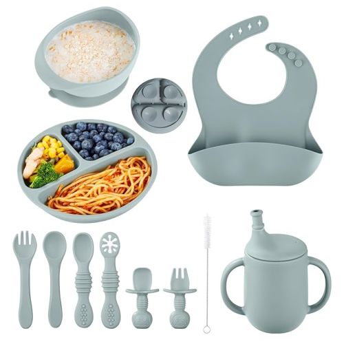 Silicone Baby Feeding Set, FOTEEMO Led Weaning 11-Piece Feeding Eating Supplies Self Feeding Baby Utensils Eating Suction Bowl For 6+ Months Toddler (Blue)