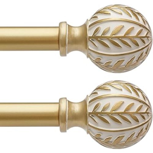 QDWIS 2 Pack Gold Curtain Rods for Windows 28 to 48 inch,1" Adjustable Heavy Duty Window Curtain Rod with Leaf Finials,Rustic Decorative Drapery Rods Set,Size:18-60''