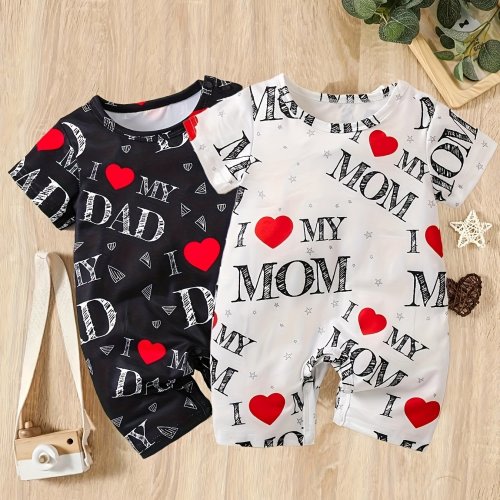 2pcs, I Love My Mom/dad Pattern Short Sleeve Romper For Baby Boys, Suitable For Daily & Outdoor Wear