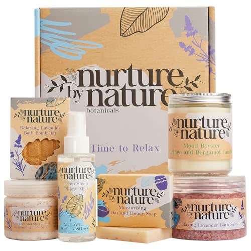 Nurture by Nature Spa Gifts for Women - Mothers Day Gifts for Mom, Self Care Gift Set & Spa Gift Basket for Women, 6 Piece Bath Set with Candle, Bath Bomb, Salts & Pillow Spray - Relaxation Gifts