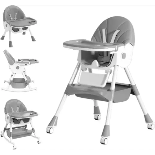Baby High Chair, 5 in 1 High Chairs for Babies and Toddlers, Travel Foldable High Chair with Foot Rest, Detachable PU Cushion, Double Removable Tray, Adjustable Height & Recline, Locking Wheels