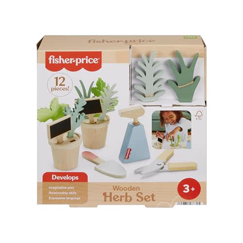 Fisher-Price Wood Pretend Play Toy Herb Garden & Tools Set, 12-Piece Wooden Playset for Preschool Kids Ages 3+ Years