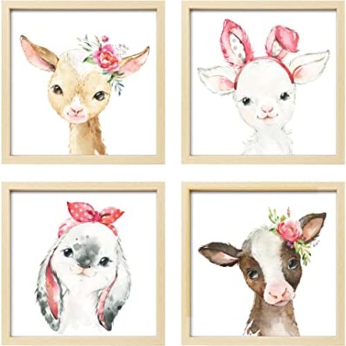 ArtbyHannah 4-Pack Kids Artwork Frames Changeable,Framed Baby Girl Nursery Decor, Nursery Wall Art with 10x10 Wood Frames & Watercolor Animals Prints, for Baby Room, Playroom,Bedroom Decoration