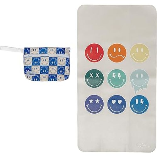 Vegan Leather Changing Mat with Reusable Waterproof Wet Bag - Non-Toxic, Portable Diaper Pad That Folds and Wipes Clean (16 x 30 Inches) (Smiley Face)